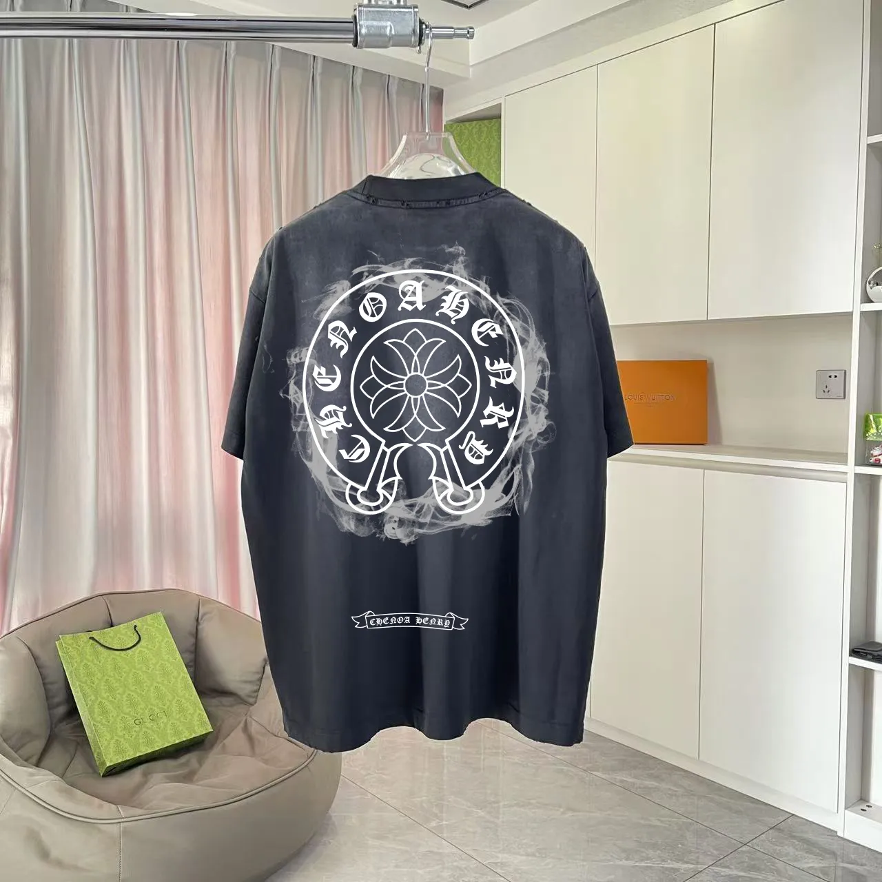 🅿️190 ch Crow* 2025 summer new style, washed, distressed, spray-painted, Sanskrit cross print, short-sleeved T-shirt, customized fabric 320g, same style for men and women, size: S M L XL XXL five sizes, color: black, gray, gradient black, gradient red